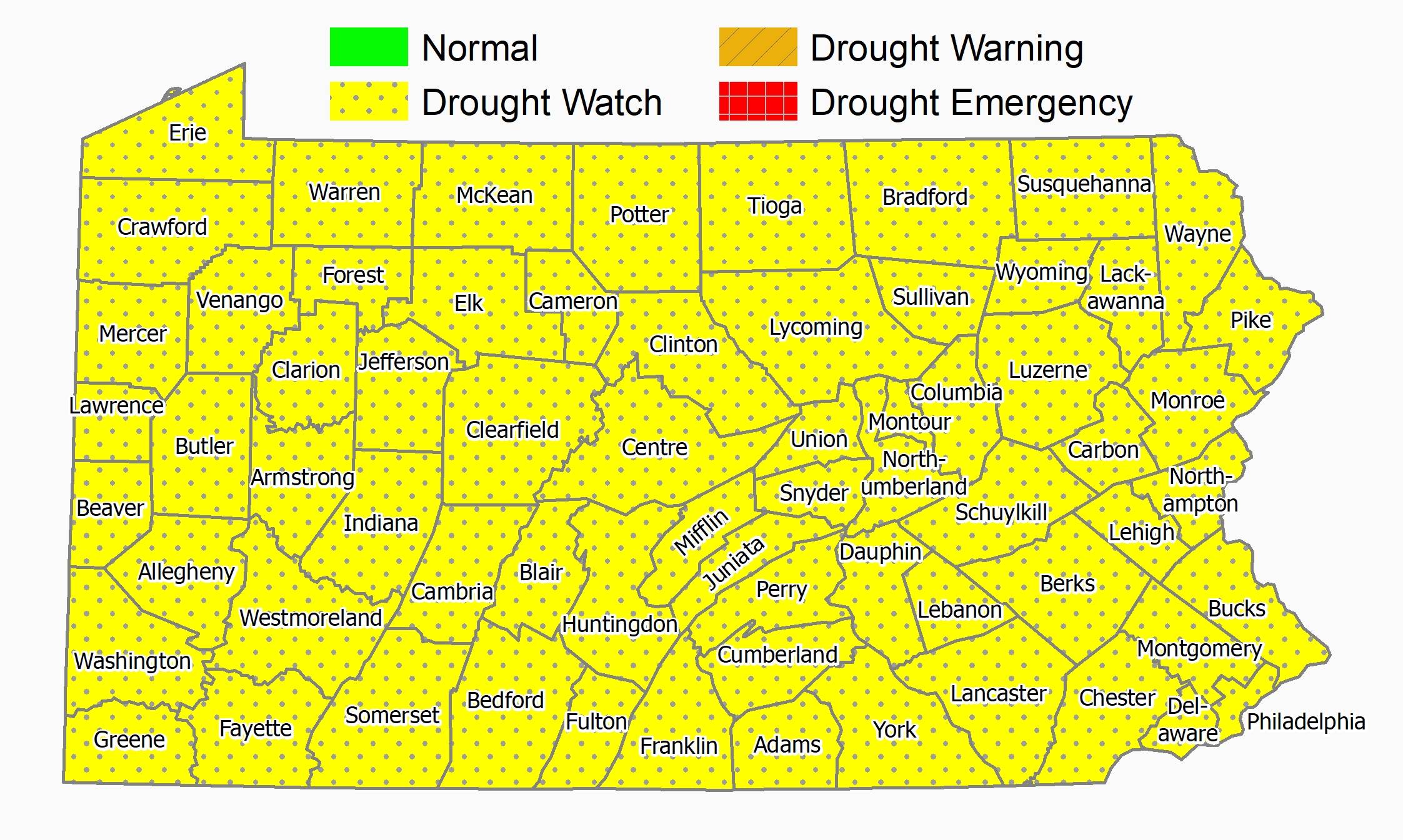 Pennsylvania Drought Map indicating that the entire state is under a drought watch